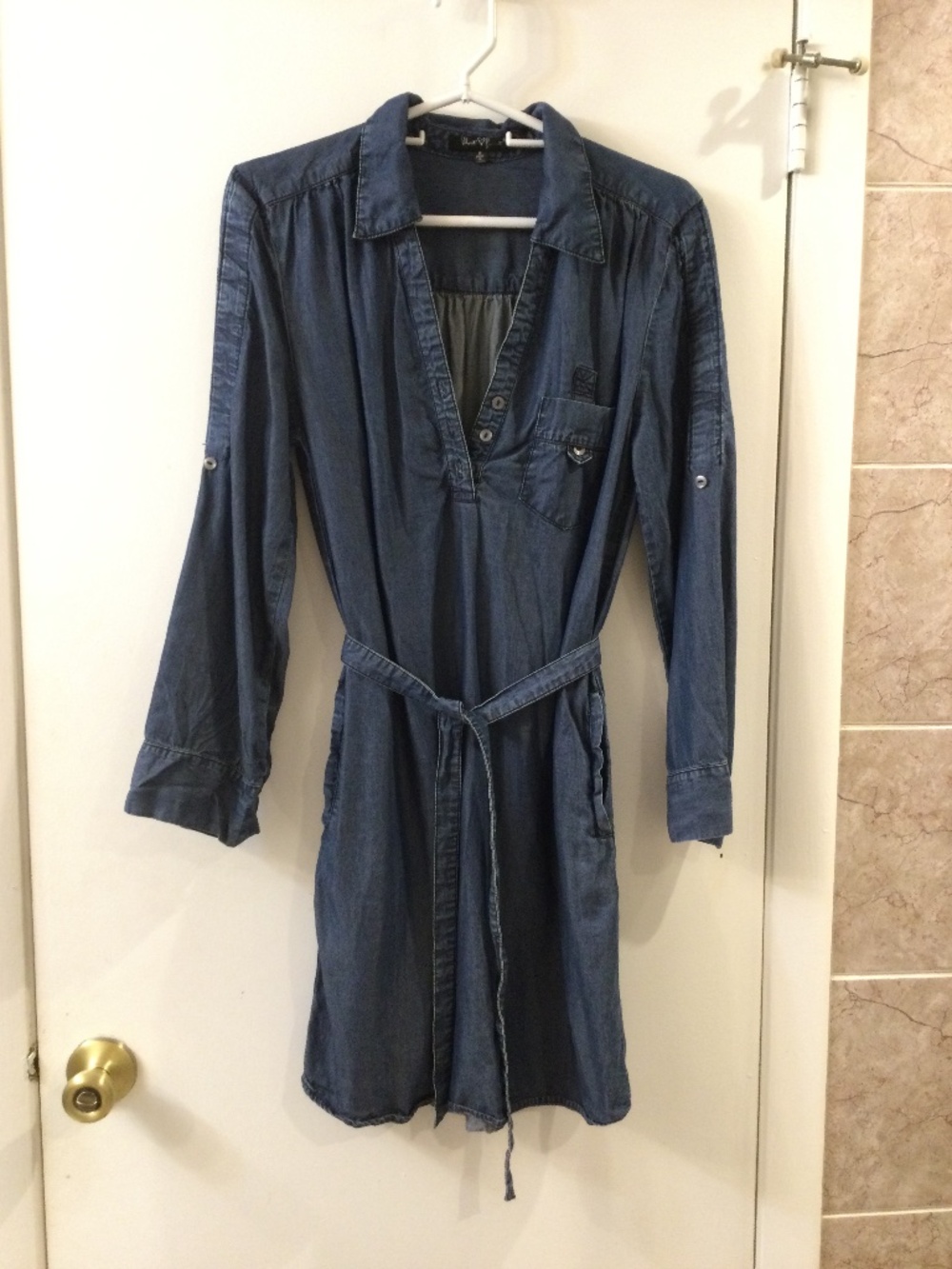 Velvet Heart Chambray Roll Tab Sleeves Tie Shirt Dress S/M Blue 100% Tencel